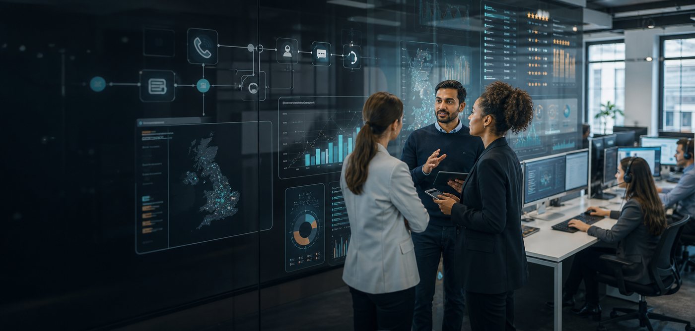 APPS 365 AI team reviewing automated dashboards, lead response and reporting for a UK business