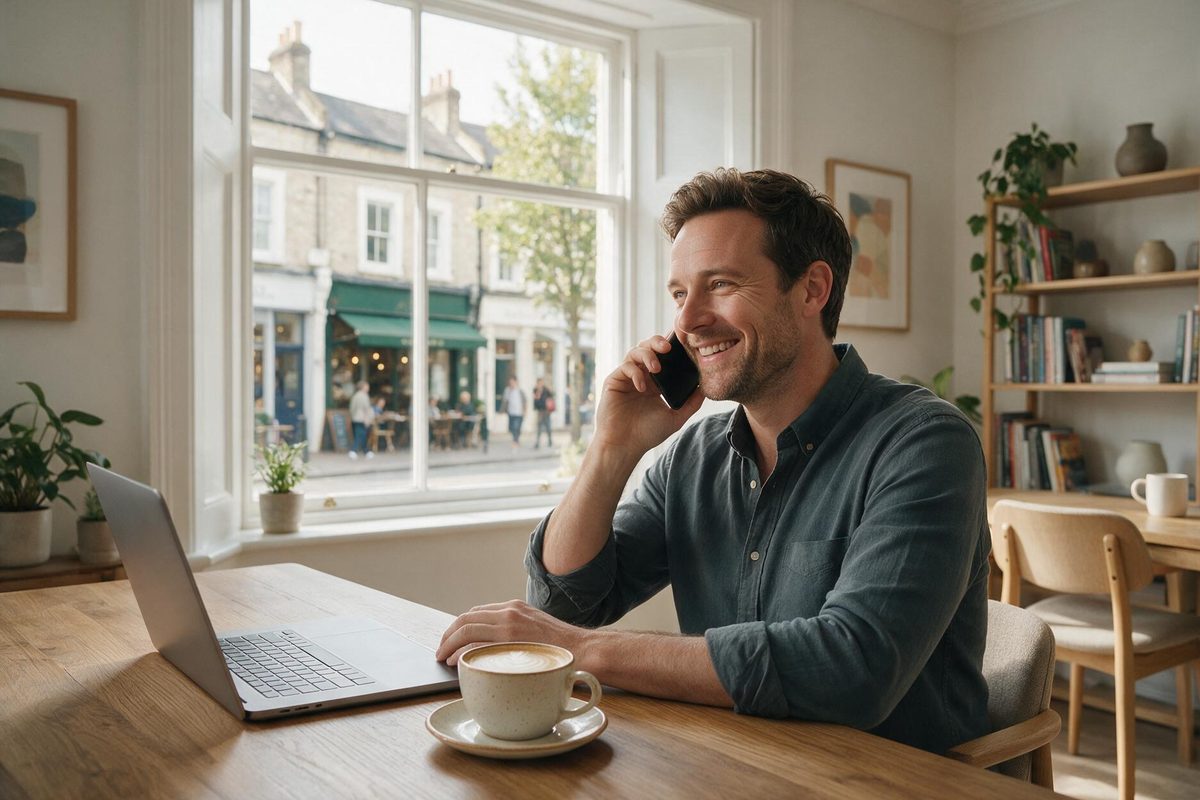 A UK small-business owner smiling on a phone call, with the AI receptionist capturing and booking the enquiry